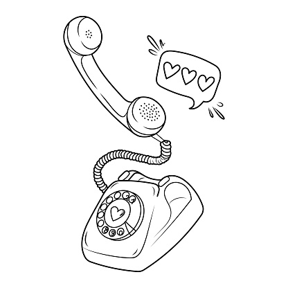 Hand drawn vector illustration of retro telephone and hearts. Romantic doodle sketch for valentine's day. Graphic line art, colouring page
