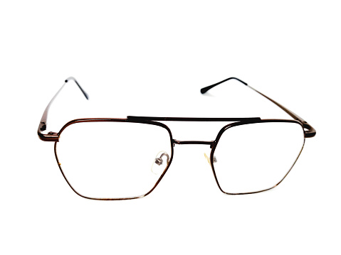 A pair of 1970 men's glasses isolated on a white  background with copy space. Front View