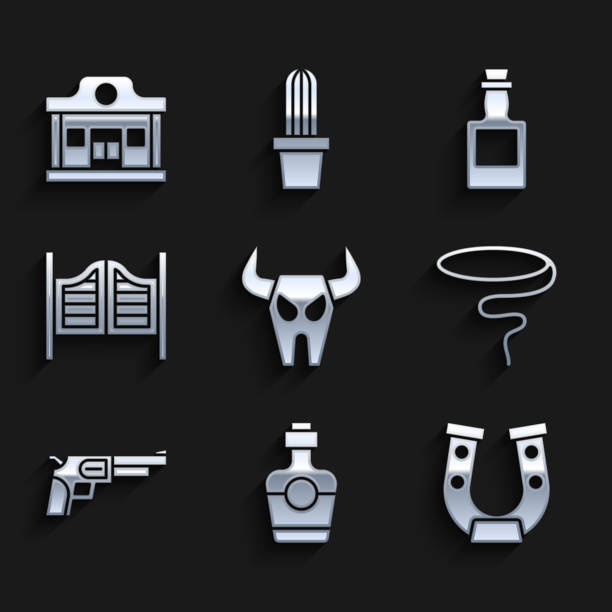 Set Buffalo skull, Tequila bottle, Horseshoe, Lasso, Revolver gun, Saloon door, and Wild west saloon icon. Vector Set Buffalo skull Tequila bottle Horseshoe Lasso Revolver gun Saloon door and Wild west saloon icon. Vector. buffalo shooting stock illustrations