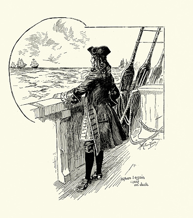 Vintage illustration Ships captain on deck watching approaching sailing ships, 18th Century style