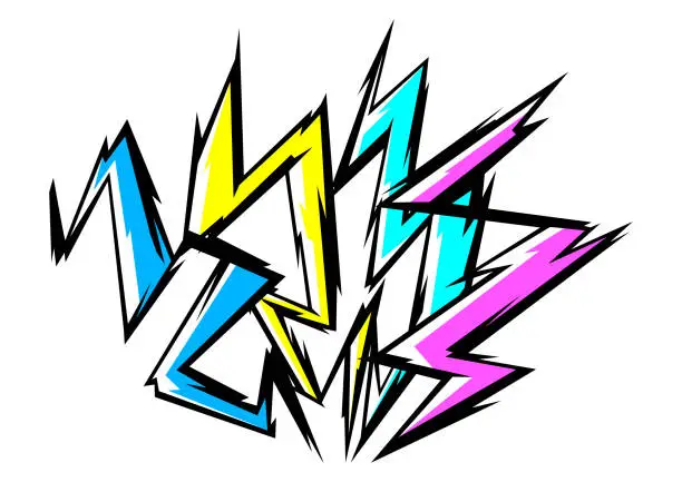 Vector illustration of Background with cartoon lightnings. Grunge graffiti stylized image of natural phenomenon.