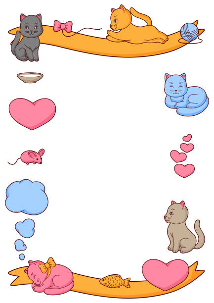 Frame with cute kawaii cats. Fun animal illustration. Frame with cute kawaii cats. Fun animal illustration. Cartoon stylized pets. cat muzzle meowing cartoon stock illustrations