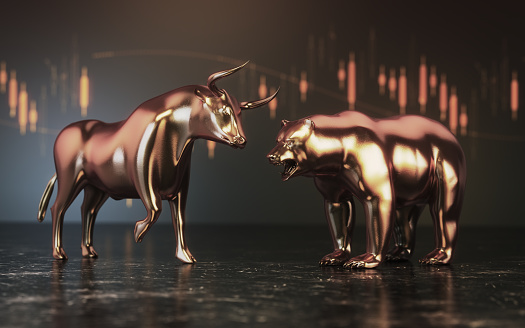 3d Render Bull & Bear Market Concept on Financial Chart, Available for Stock Exchange Stocks Crypto Market (Depth Of Field)