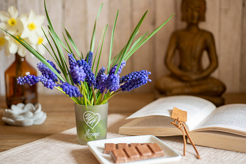 Grape Hyacinth Bouquet with Spring Flowers, Buddha and Deco