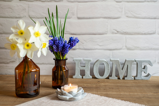 Grape hyacinth bouquet with spring deocration on table