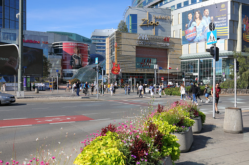 Warsaw, Poland - September 20, 2023: Exterior view of a modern shopping, office and entertainment complex with Hard Rock Cafe and Zlote Tarasy shopping centre in the heart of the city.