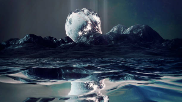 fantasy moon over ocean and mountain ridge - mm1 - fotografias e filmes do acervo