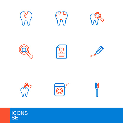 Set line Toothbrush Dental floss with caries and drill Tube of toothpaste search Clipboard dental card Broken and icon. Vector.