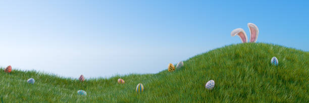 easter banner. a rabbit hunts for colorful eggs in a meadow in the grass. 3d rendering - easter egg easter grass spring imagens e fotografias de stock