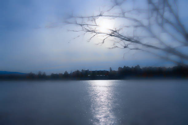 Mirror Lake, Lake Placid, New York State. Moonscape painterly effect abstract image.