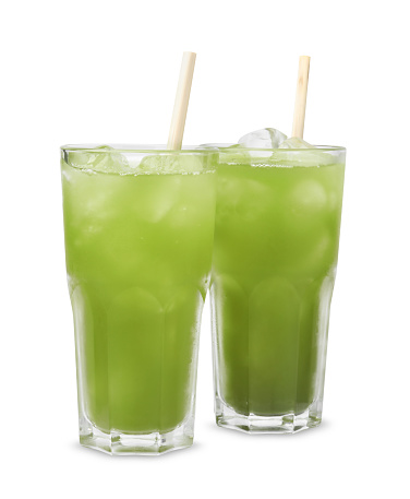 Delicious iced green matcha tea isolated on white