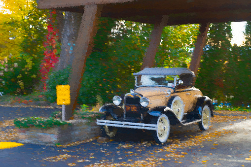 Classic car outside a Lake Placid motel, New York State. Painterly effect image.