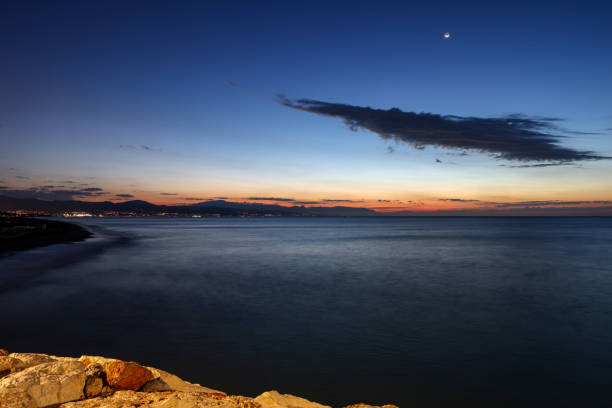 View from Torremolinos towards Malaga just before sunrise. Costa del Sol, Spain.