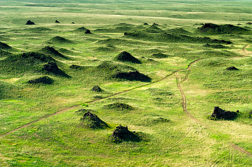 Small, eroded rocks or hills in a lush, green grass steppe with paths and tire tracks in the eastern half of Mongolia, Central Asia