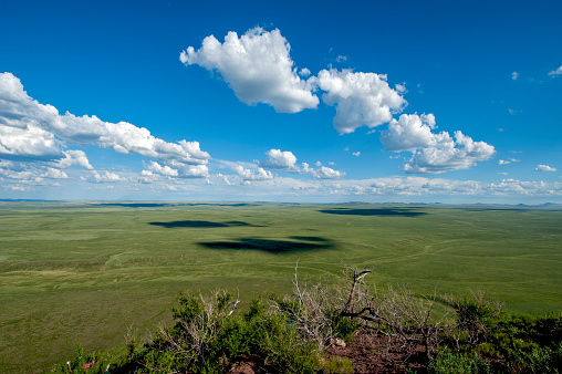 View over the green, lush steppe in eastern Mongolia with a blue sky and scattered clouds