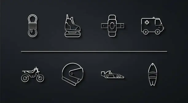 Vector illustration of Set line Climber rope, Mountain bike, Ambulance and emergency car, Formula 1 racing, Helmet, Skates, Surfboard and Knee pads icon. Vector