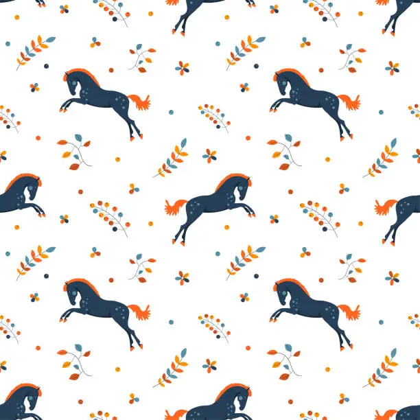 Vector illustration of Seamless vector pattern, cute horse surrounded by beautiful plants