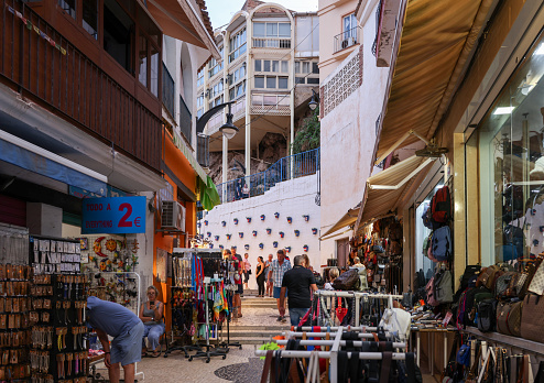 Torremolinos, Spain - September 9, 2023: View of a tourist shopping street inTorremolinos, Costa del Sol, Malaga Province, Spain