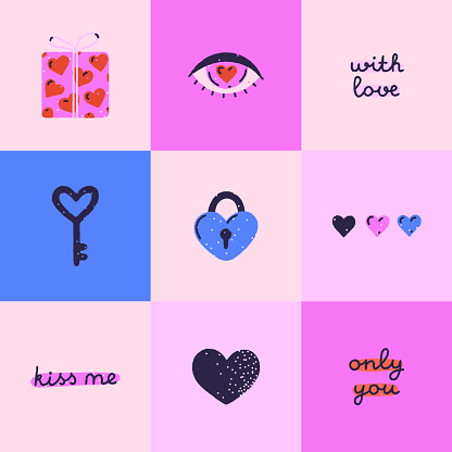 Set of cute romantic illustrations and quotes. Seamless pattern or greeting card. Valentine's Day. Love in squares. Colorful hand drawn style. Poster, cover, postcard, print on clothes. Pink and blue