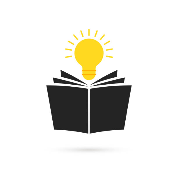 schwarzes offenes buch mit gelber glühbirne mit schatten - book open magazine storytelling stock-grafiken, -clipart, -cartoons und -symbole