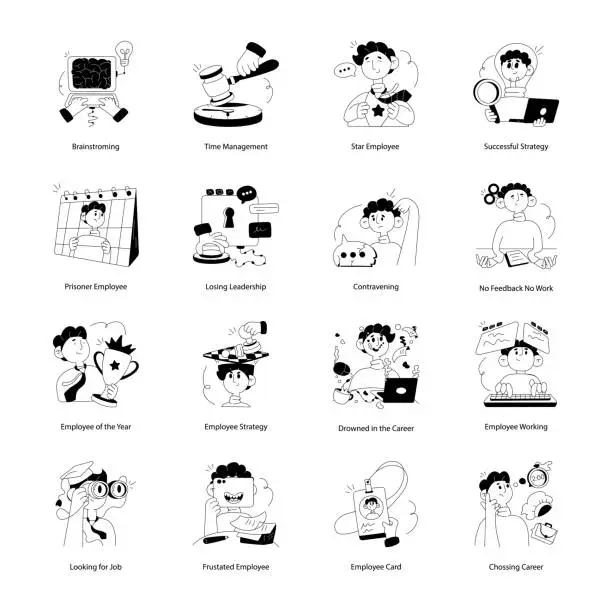 Vector illustration of Bundle of Office Employees Hand Drawn Mini Illustrations