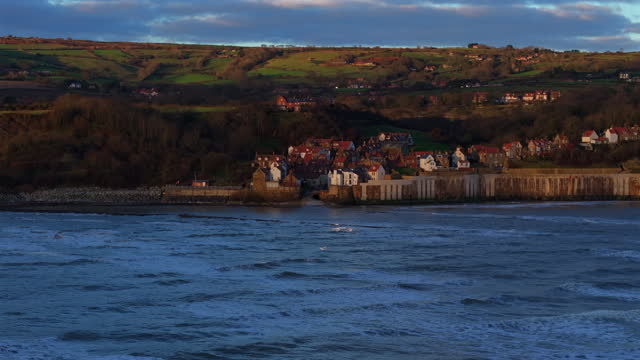 Wide Angle Drone Shot of Robin Hood's Bay at Sunrise North Yorkshire UK