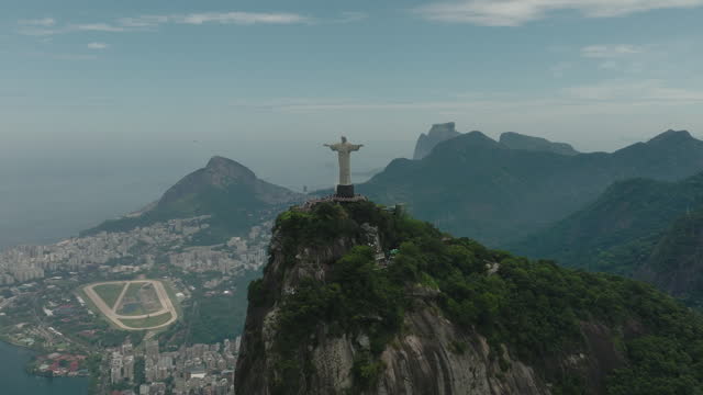 Panoramic aerial view of Christ the Redeemer with Tijuca Forest, Rio De Janeiro, Brazil