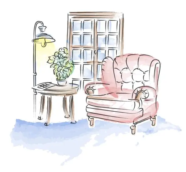 Vector illustration of Cozy armchair in reading place watercolor illustration