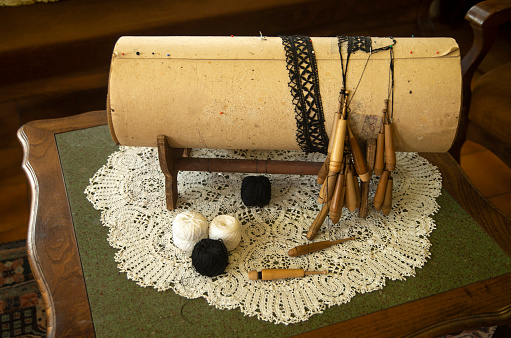 Bobbin lace equipment for handmade craft in town Kalofer , Bulgaria, Europe