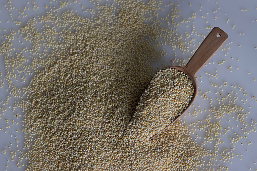 Wholesome proso millet, presented in a rustic wooden grain spoon, surrounded by scattered golden millet grains. A wholesome and nutritious agricultural concept