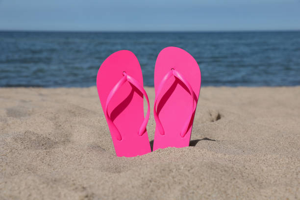 istock Stylish pink flip flops on beach sand 1925344528