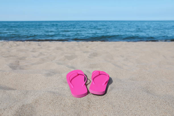 istock Stylish pink flip flops on beach sand, space for text 1925349449