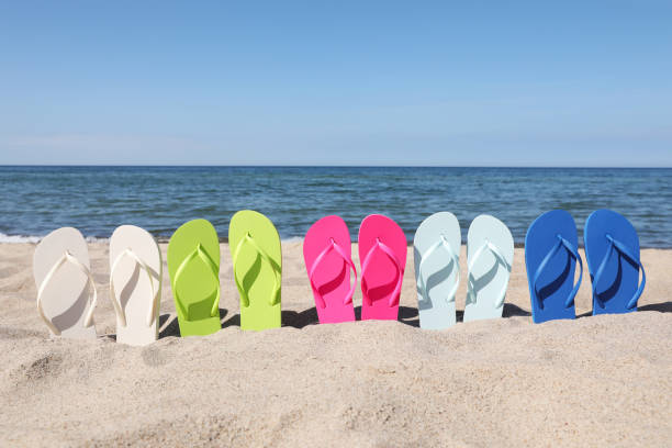 istock Many stylish colorful flip flops on beach sand 1925350063