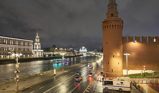 night panoramas of Moscow Kremlin taken on November 6, 2023 in late autumn in the rain
