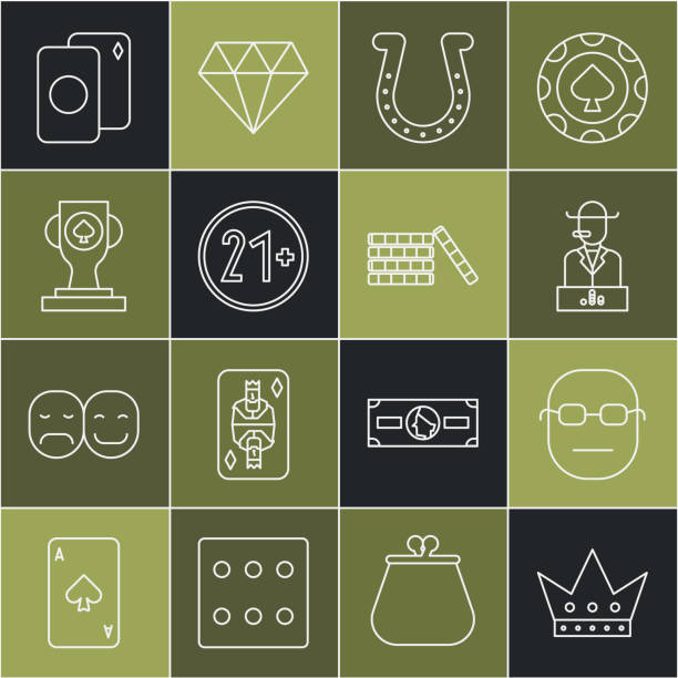 Set line King playing card, Poker player, Horseshoe, 21 plus, Casino poker trophy cup, Deck of cards and chips icon. Vector Set line King playing card Poker player Horseshoe 21 plus Casino poker trophy cup Deck of cards and chips icon. Vector. poker player stock illustrations