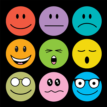 Vector illustration of nine cute emojis on a black square background.