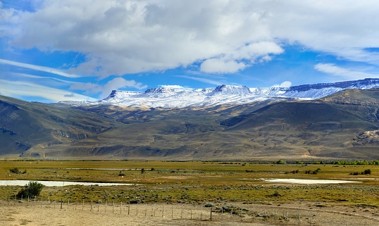 El Chaltén, Argentina, November 4, 2019: View of the Andes in Argentine Patagonia near the Lake Viedma (Lago Viedma).