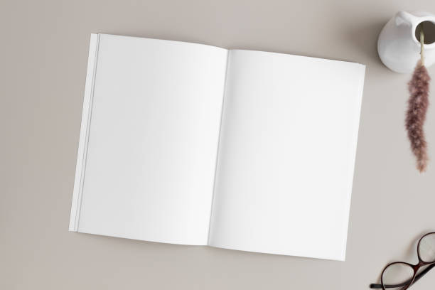 istock Open magazine mockup with a pampas on the beige table. 1925372269