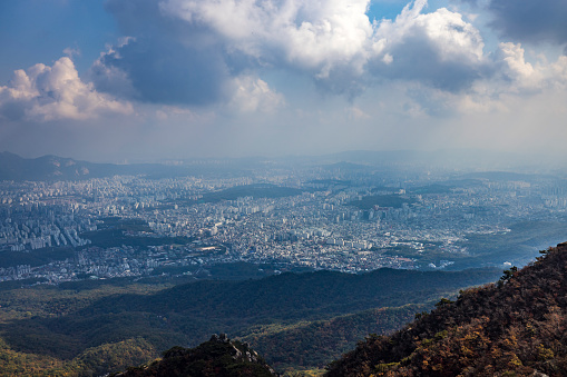 aerial view over seoul city, seen from bukhansan national park in south korea.
