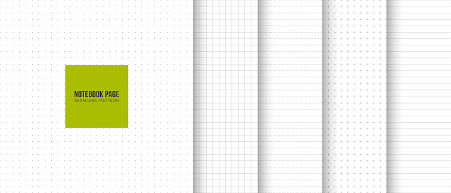 Collection of seamless geometric notepad page fill set in lined, squared, dotted, cross minimalistic pattern. Simple vector graphic white print background. Gray line abstract paper blank texture.