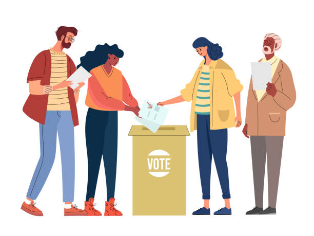 ilustraciones, imágenes clip art, dibujos animados e iconos de stock de personas diversas, votantes de diferentes edades, votando en el colegio electoral durante la votación, personas colocando la boleta de papel en la urna. elecciones, democracia, libertad de expresión, justicia, voto y opinión. referéndum - derecho-al-voto