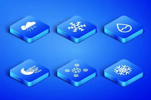 Vector illustration of Set Snowflake, Cloud with snow, Fog and moon, and Water drop icon. Vector