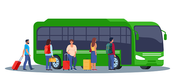 People on auto station. Man, woman standing near transport, waiting for passenger boarding. Citizen, urban infrastructure concept. Vector illustration