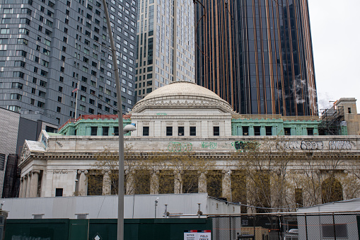 Nyc, United States – January 07, 2024: An aerial view of an old city showing a renovation of a historic building