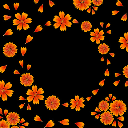 Round frame with bright orange flowers on black background. Element for creating design,postcard,pattern, floral arrangement,wedding card, invitation.