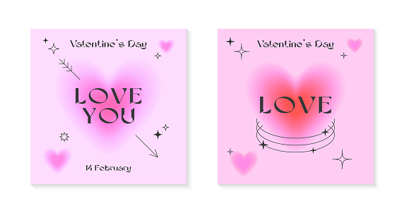 Valentines Day greeting card templates in 90s style.Romantic vector illustrations in y2k aesthetic with linear shapes,blurred hearts,arrow,sparkles.Modern designs for smm,invitations,prints,promos.