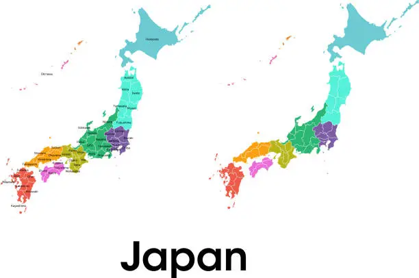 Vector illustration of Japan map with names and divisions