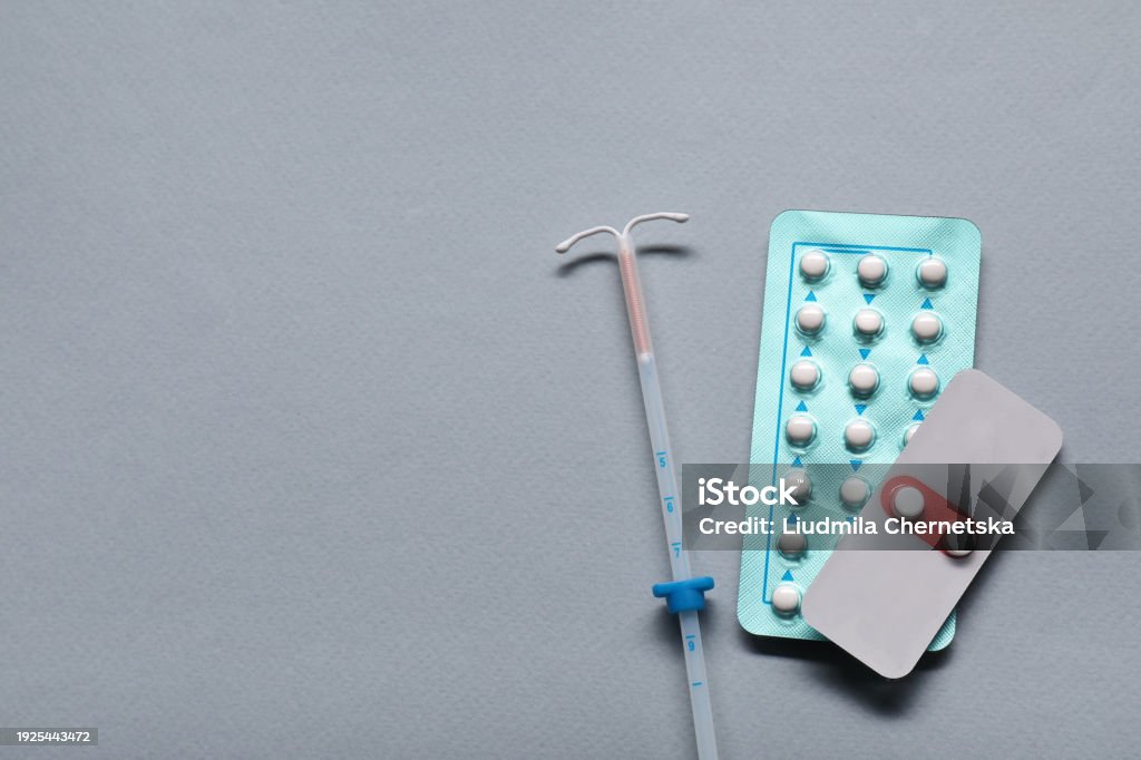 Birth Control Machine Birth Control Pills And Intrauterine Device On Light Grey Background ...