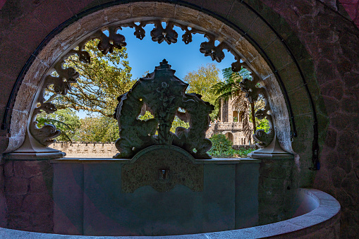 Sintra, Portugal - Oct. 3 2023: Portal of the Guardians. View in the park of The Regaleira Palace - Quinta da Regaleira, Sintra, Portugal.