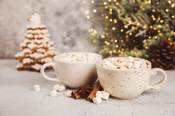 istock Hot drink with marshmallows and candy cane in cup on texture table.Cozy seasonal holidays.Hot cocoa with gingerbread Christmas cookies.Hot chocolate with marshmallow and spices.Copy space. 1925479968